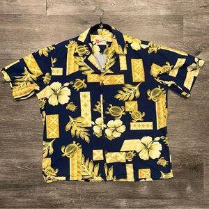 Hilo Hattie Shirt Men XL Blue Floral Tribal Hawaiian Tiki Turtle USA Vintage
